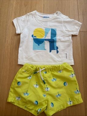 Jacadi White Tee and Lime Green Nautical Shorts Set